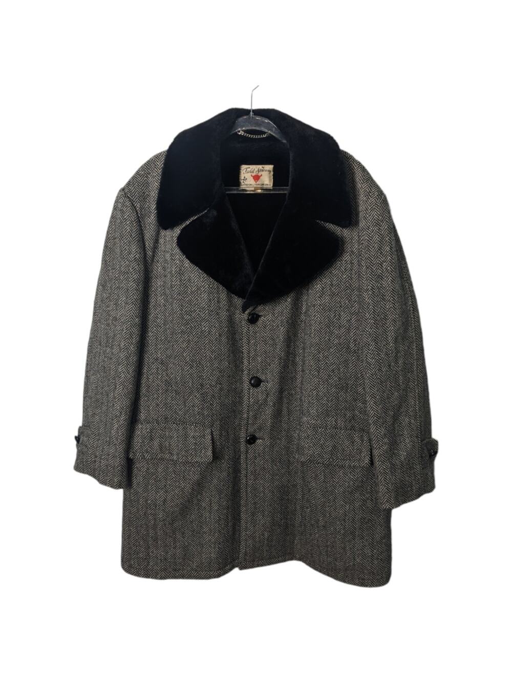 Vintage 60's Field & Stream Donegal Herringbone Tweed Wool  Faux Fur Collar 46